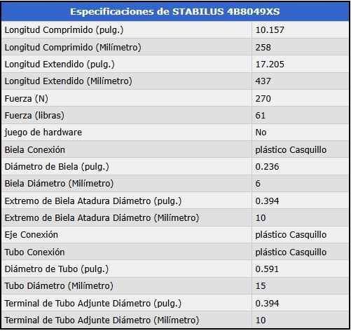 AMORTIGUADOR DE CAPOT - Fuerza=270 N / 61 Lb. Ext=43.7cm. Comp=25.8cm foto 3